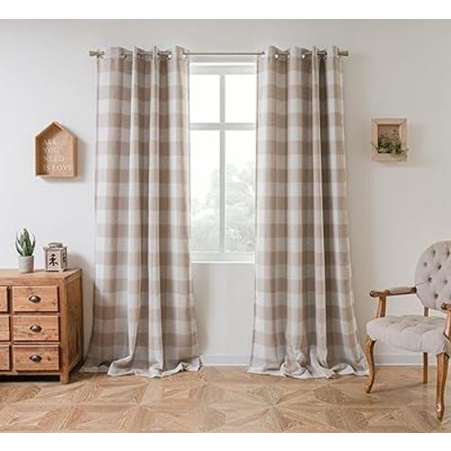 DriftAway Buffalo Plaid Check Curtains Woven Plaid Pattern Lined Blackout Thermal Insulated Window Curtain Grommet 2 Layers 2 Panels 52 Inch by 96 Inch Taupe