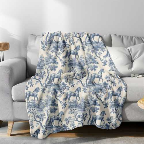 Blue Horse Toile de Jouy Cozy Equestrian Fleece Throw Blanket for Barrel Racer Cowgirl Horse Gift, Shabby Chic Sherpa Blanket for Barn Mom