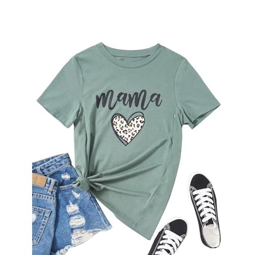 Women Maternity Nursing Shirt Funny Mama Shirt Cute Leopard Heart Graphic Tees Friendly Zip Maternity Breastfeeding Tops