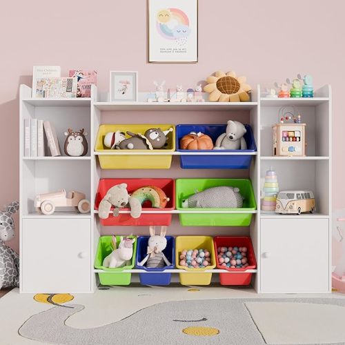 Xilingol Kids Toy Storage Organizer W/8 Removable Toy Bins, 4-Tier Toy Organizers W/6 Storage Cubbies, Kid Bookshelf and Toy Storage for Playroom, Bedroom, Kids Room, Classroom