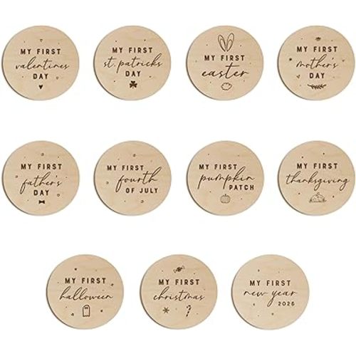 The Cotton & Canvas Co. Baby's First Holiday Milestone Cards Bundle, My First Year, Monthly Marker Plaque, Baby Shower, Newborn, Wooden Disc, Baby Photo Prop, Set of 11