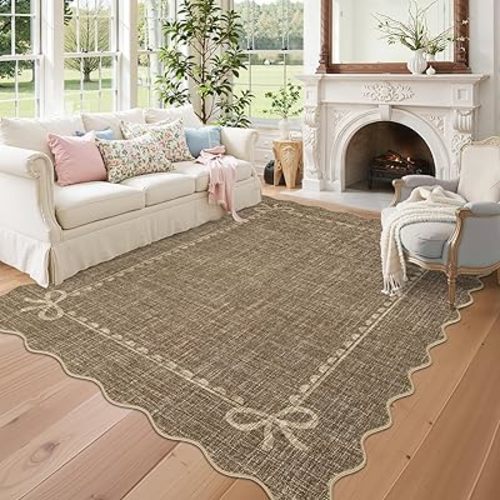 GarveeHome Scalloped Bow Rug for Living Room, Solid Brown Rug for Dorm, Washable Rugs 5x7 Soft Low Pile Non Slip Scalloped Rugs for Nursery College Bedroom Decor Kids Room Playroom