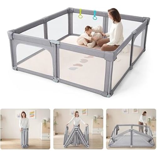 Baby Playpen Portable, Pre-Assembled Play Pen 71x79 Large Foldable Playpen for Babies and Toddlers, Sturdy and Safe Toddler Playpen Indoor Outdoor with Carry Bag,Light Grey
