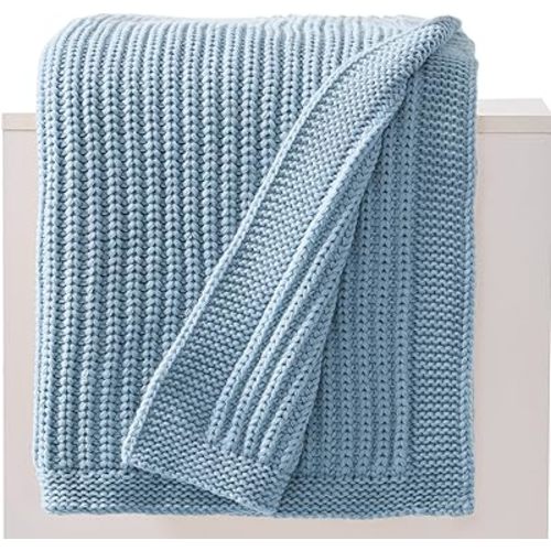 Chunky Knit Blue Throw Blanket for Couch Soft Cozy Thick Cable Knitted Throw Blankets for Sofa Bed Cute Decorative Throw Blanket for Living Room,50"x 60",Light Blue