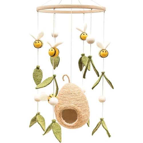 GLACIART ONE Baby Nursery Bumble Bee Mobile for Crib |Gender Neutral Mobile for Woodland Theme Nursery Decor | Felt Hanging Bee and Beehive Room Decorations Handmade from Natural Wool |Great Gift Idea