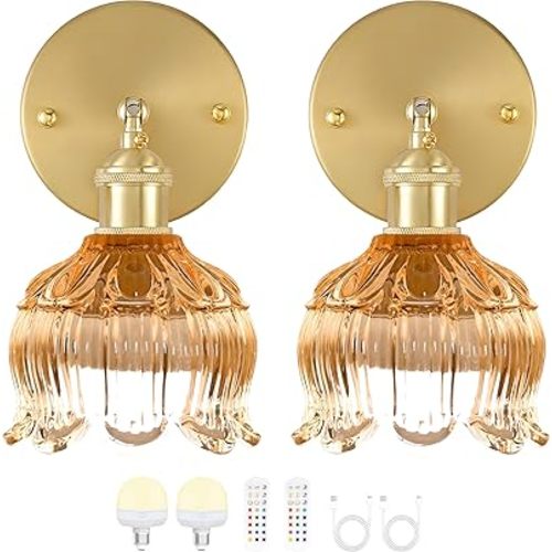 Vintage Battery Wall Sconce with Flower lampshade,Rechargeable Battery Powered Wall Lights,Wall lamp with 15 Colors for Bedroom Living Room Home Decor (Flower Amber, 2 Light Battery Operated)