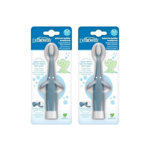 Dr. Brown's Infant-to-Toddler Toothbrush, Soft and Safe Baby Training Brush, Elephant, Blue, 0-3 Years, 2 Pack