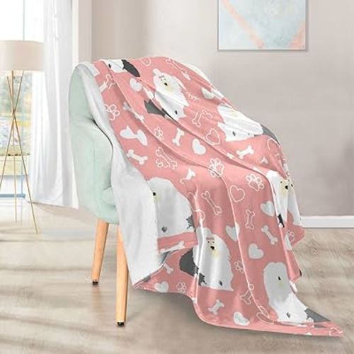 Pink Old English Sheepdog Throw Blanket Soft Cozy Warm Lightweight Fleece Travel Blanket for Bed Sofa Couch Boys Girls Adults Kids 50x60 inches