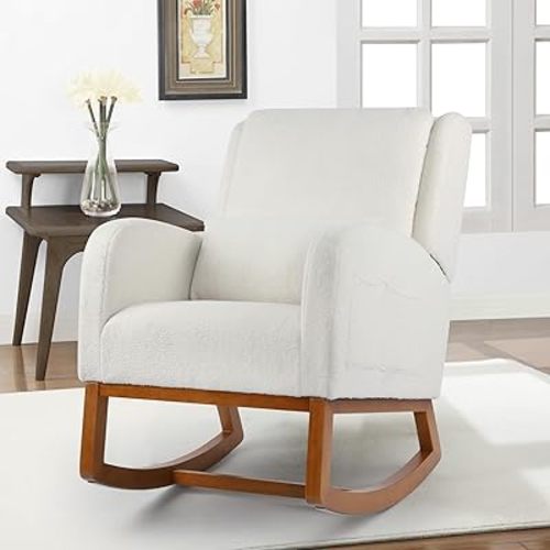 LSSBOUGHT Fuzzy Rocking Chair Nursery Teddy Fabric Comfy Glider Rocker Recliner for Lounge Living Room Bedroom Cozy Armchair with High Back Wingback Pillow and Wood Legs