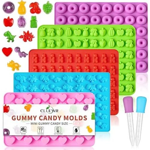5 Pcs Mini Gummy Candy Molds with 2 Dropper, Silicone Bear Donut Dinosaur Fruit Snack Molds Non-stick and BPA Free Candy Mold for Small Jello Candy Chocolate Gummy