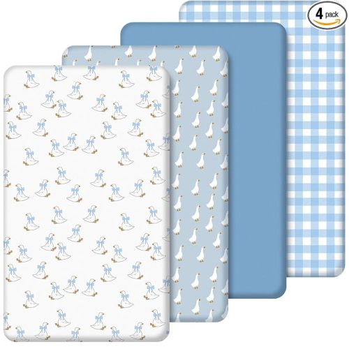 4 Pack Silly Goose Crib Fitted Sheet for Boys Girls - 52" x 28" Fitted Baby Sheet with Gingham Style for Standard Mattress Gift Set, Microfiber & Soft Breathable(Blue)