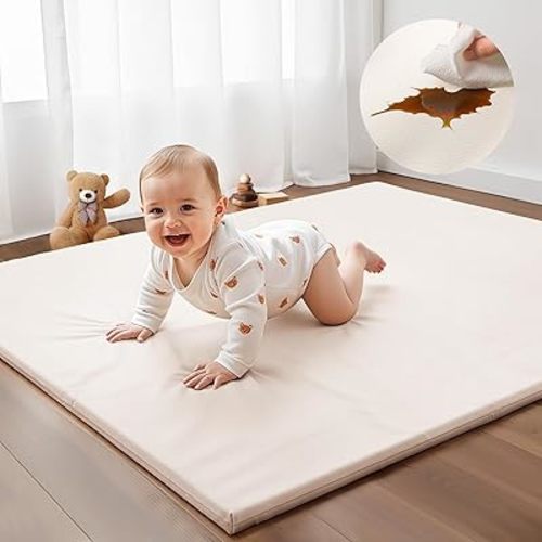 Padded Baby Play Mat - Thick Play Mat for Baby - Super Soft Non Toxic Vegan Leather Mat for Baby Girls and Boys Play on Floor - 50 x 50 Playpen Mat -Wipeable Tumbling Crawling Mat for Baby