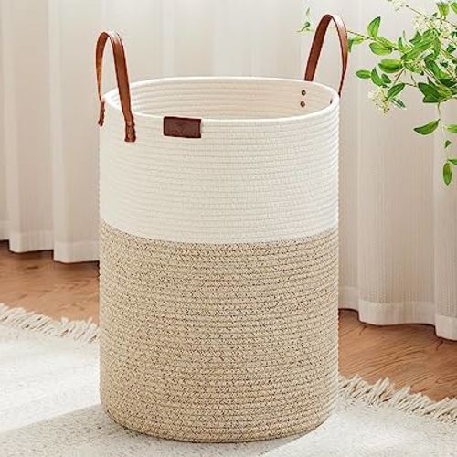 VIPOSCO Tall Laundry Basket, Large Dirty Clothes Hamper with Leather Handle, Woven Rope Storage Basket for Blanket, Toy In Living Room, Bathroom, Bedroom - 100L White & Brown