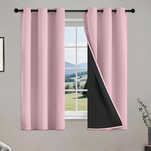 COSVIYA 100% Pink Blackout Curtains for Bedroom Kids Room 54 Inches Length 2 Panels Set, Full Light Blocking Thermal Insulated Grommet Nursery Window Treatment Drapes with Black Liner,W40 x L54