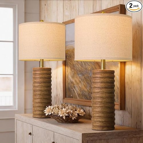PoKat Farmhouse Table Lamps Set of 2 for Living Room, 27'' Tall Retro Ceramic Bedside Lamps with Linen Lampshade for Bedroom, Vintage Wood-Like Rustic Nightstand Lamp Office Sideboard Hallway (Brown)