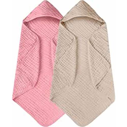 Yoofoss Baby Bath Towel 2 Pack 100% Muslin Cotton Hooded Towels for Babies, Infant and Toddler, Large 32x32Inch, Extra Soft and Absorbent Newborn Essential