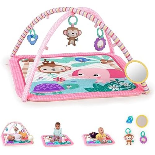Bright Starts Floral Safari Baby Activity Gym Machine Washable Play Mat with 4 Toys, Newborn and up - Pink and Purple, 32x32x18 Inch