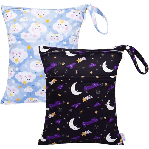 ALVABABY 2pcs Cloth Diaper Wet Dry Bags Waterproof Reusable with Two Zippered Pockets Travel Beach Pool Daycare Soiled Baby Items Yoga Gym Bag for Swimsuits or Wet Clothes LZ7879