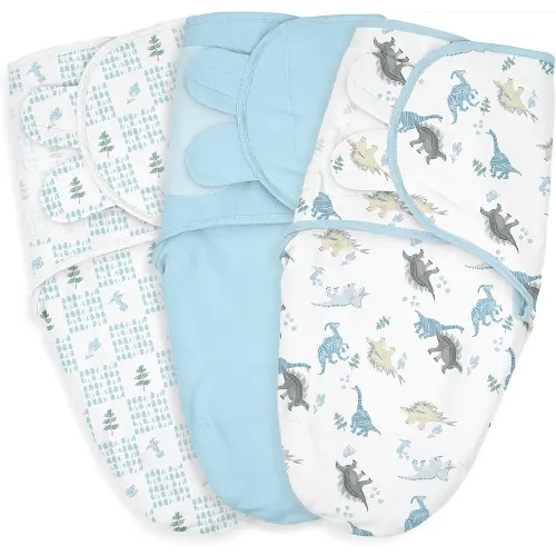 Baby Swaddle Sacks, 3-Pack Newborn Organic Cotton Swaddle Wrap, Adjustable Swaddling Blankets, Nursery Swaddling Essentials for Newborn 0-3 Months, Infant Shower Items Gift (Dinosaur & Forest)