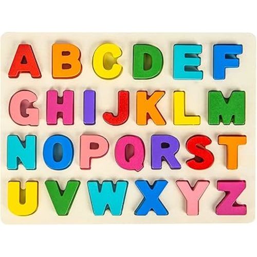 Kunmark Wooden Alphabet Puzzle ABC Jigsaws Chunky Letters Early Learning Toys for Kindergarten and Toddlers-est Educational Toy Preschool Learning, Spelling, Counting (Uppercase Letter)