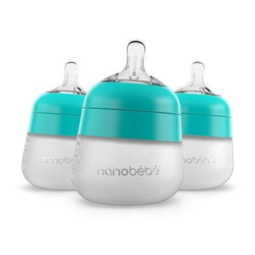 nanobebe Flexy Silicone Baby Bottle Anti-Colic Nipple, Soft Body, Stable Base - Teal - 5oz/3pk