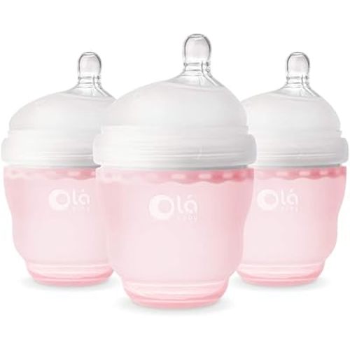 Olababy Gentle Silicone Baby Bottle, Anti-Colic, BPA free, Easy to Clean and Wide Neck Baby Bottles Best for Breast Feeding Babies (4 Ounce 3PK, Rose)