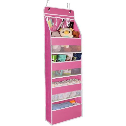 Univivi Door Hanging Organizer Nursery Over the Door Organizer Baby Storage with 4 Large Pockets and 3 Small PVC Pockets for Cosmetics, Toys and Sundries (Pink)