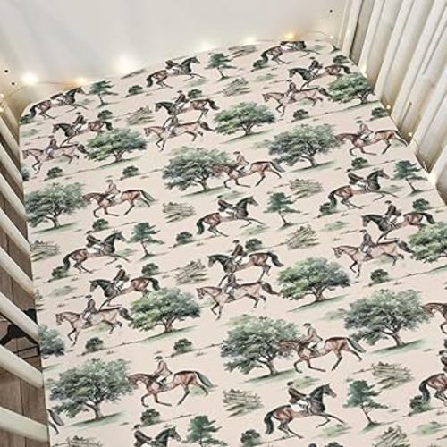Watercolor Horses Trees Baby Crib Sheets for Boy Girl 52"x28" Vintage Horse Riding Soft Stretchy Fitted Crib Mattress Cover Wild West Animal Baby Sheet for Standard Crib and Toddler Bed Mattress