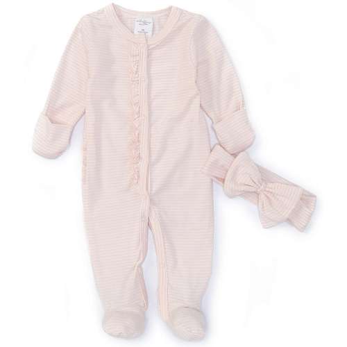 Starting Out Baby Girls Stripe Preemie-9 Months Long Sleeve Ruffle Footie Coverall & Matching Bow Headband Set