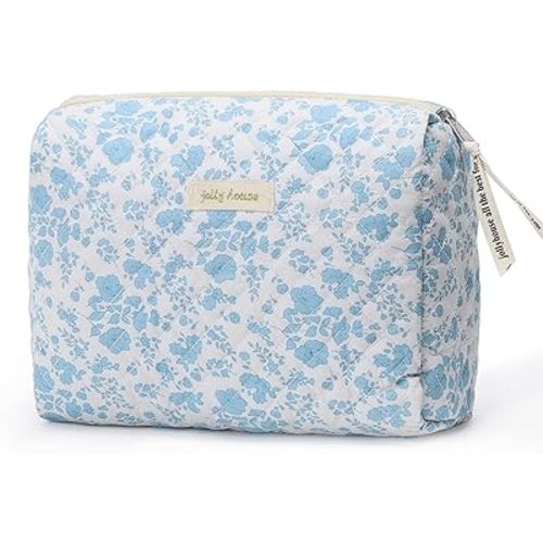 Sightor Cotton Makeup Bag, Kawaii Floral Cosmetic Bag Large Travel Toiletry Bag, Quilted Cosmetic Pouch for Women (Cerulean Blue)