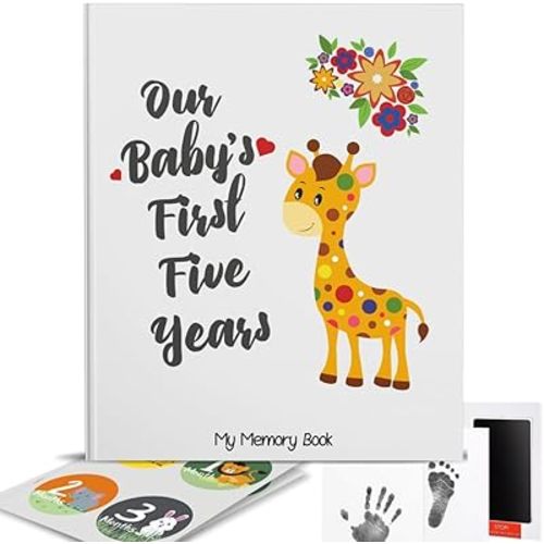 Novarena First 5 Years Baby Memory Book Journal Scrapbook 48 Pack Monthly Milestones Stickers & Clean-Touch Baby Safe Ink Pad