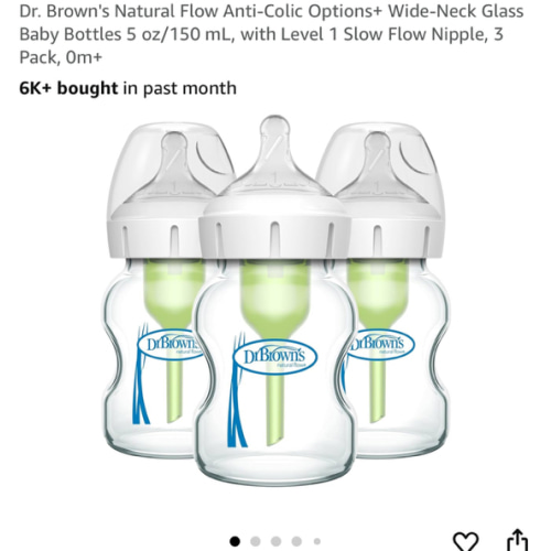 Dr. Brown's Natural Flow Anti-Colic Options+ Wide-Neck Glass Baby Bottles 5 oz/150 mL, with Level 1 Slow Flow Nipple, 3 Pack, 0m+