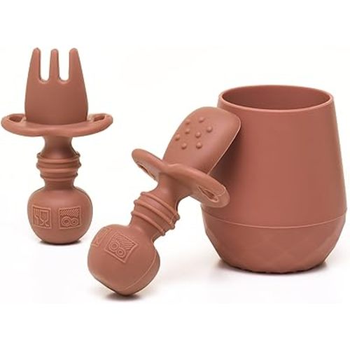 Tooshka Baby Utensil Set (3 pcs) - Self Feeding Spoons and Tiny Cup - Silicone & BPA Free - Baby-Led Weaning (BLW) Supplies - Ages 6+ Months - Brown Baby Cup & Utensils