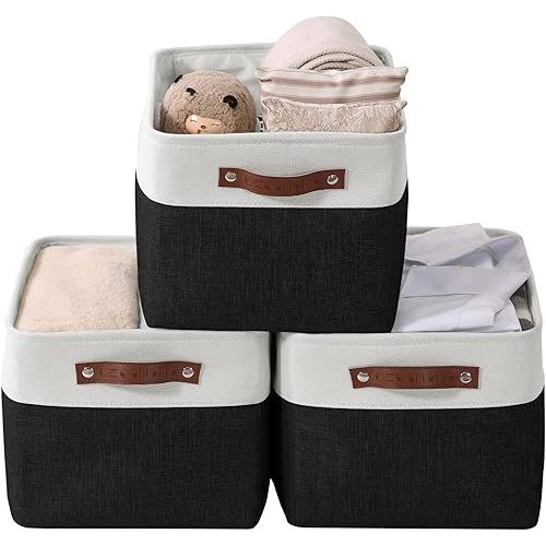 DECOMOMO Narrow Storage Bins, Small Baskets for Organizing, Toilet Tank Basket for Toilet Paper, Vanities, Cabinets, Towels and Shelves| Basket for Gift with Handles (Beige and White - Set of 4)