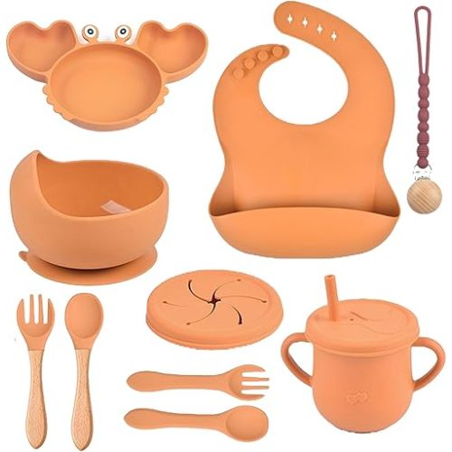 Silicone Baby Feeding Set 14 Pcs | Baby Led Weaning Supplies | Baby Spoons Suction Bowl Divided Plate Bib Cup | First Stage Solid Food Eating Utensils - 6+ Months (Brown)