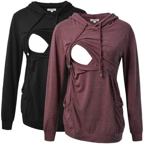 GINKANA Womens Nursing Hoodie Top Sweatshirt Long Sleeve Button Decoration Pockets Shirts Tunic Top