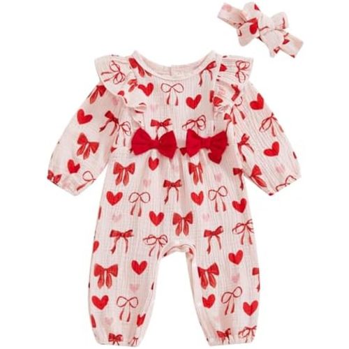 YINGISFITM My First Valentines Baby Girl Outfit Bow Heart Newborn Onesie Cute Romper Infant Jumpsuit Valentines Day Clothes