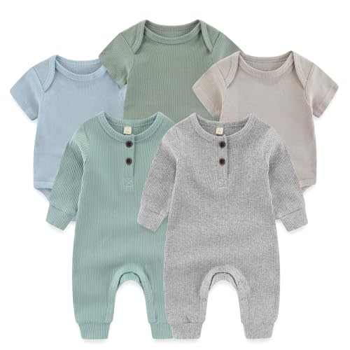 Ruliby Newborn Baby Boy Girl Romper 5 Pack Ribbed Bodysuit One-Piece Outfit Clothes 0-12 Month