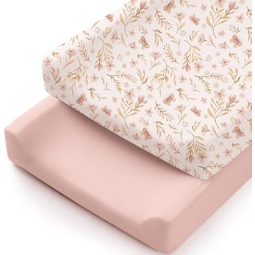Konssy 2 Pack Stretchy Changing Pad Covers for Girl, Boy, Silky Soft Changing Table Cover, Breathable Baby Nursery Diaper Chang Pad Sheets (Pink Spring,Pink)