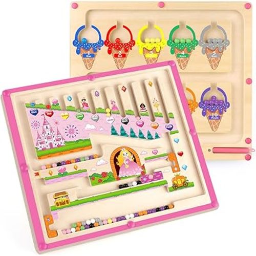2 in 1 Magnetic Color and Number Maze,Montessori Toy for Toddler Girls,Wooden Magnet Balls Puzzles,Toddler Busy Board Game,Preschool Learning Activities (Princess & Ice Cream)
