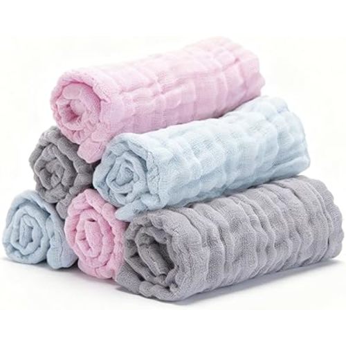 Organic Muslin Baby Washcloths 6 Pack Baby Bath Face Towel 12x12 Inch Extra Absorbent and Soft Burp Cloth and Wash Cloths for Newborn-Infants On Sensitive Skin (Pink Grey Blue)