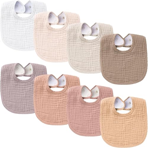 Konssy Muslin Baby Bibs 8 Pack Baby Bandana Drool Bibs Cotton for Unisex Boys Girls, 8 Solid Colors Set for Teething Drooling