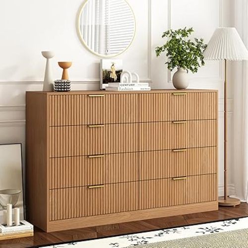 8 Drawer Dresser for Bedroom, Modern Fluted Double Dresser, 55" Wide Chest of Dressers, Mid Century Wooden Beside Table for Closet, Living Room and Entryway, Natural