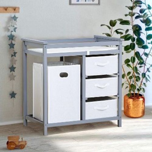 Wooden Baby Changing Table, Baby Changing Station Dresser with Laundry Hamper, Diaper Changing Table, 3 Drawer Basket for Baby Newborn Infant, Gray
