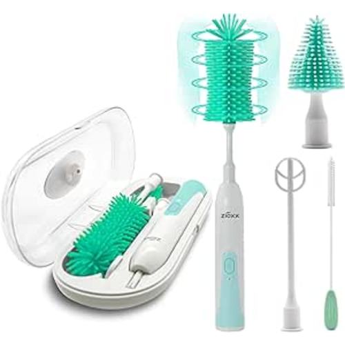 Electric Bottle Brush Cleaner New Upgrade, Portable Electric Baby Bottle Brush Cleaner for Travel, Travel Bottle Cleaner Kit with Nipple & Straw Brush, Perfect Mom Essentials After Birth Gift, Green