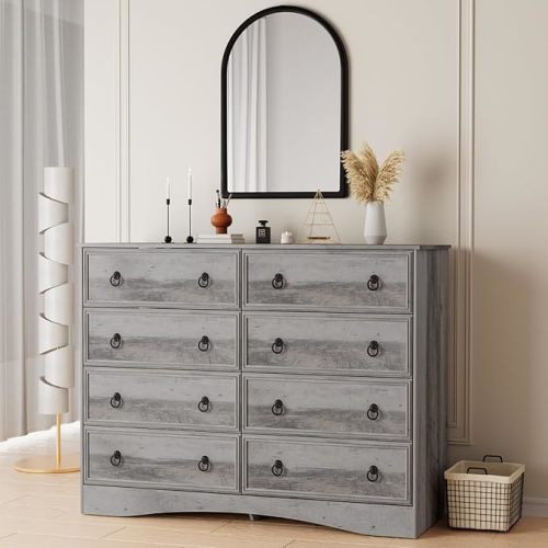 Grey 8 Drawer Dresser for Bedroom, Wood Chest of Drawers, Large Storage for Clothes, Vintage Design, for Living Room, Bedroom, Hallway 47.24W*15.75D* 41.2''H