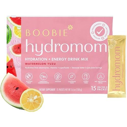 Boobie Hydromom Superfood Electrolyte Drink Mix, Watermelon Yuzu | Refreshing Energy & Hydration Boost for Mamas | On-The-Go & Travel Essentials for Pregnancy, Lactation, & Beyond, 15 Packets