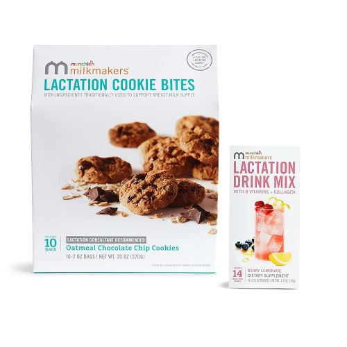 Munchkin® Milkmakers® 10pk Lactation Cookie Bites, Oatmeal Chocolate Chip and 14pk Lactation Drink Mix Supplement, Berry Lemonade