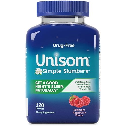 Unisom Simple Slumbers Drug-Free Sleep Aid Gummies, Melatonin 5mg, Sleep Support for Adults, Midnight Raspberry Flavor, 120 Count