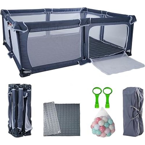 Foldable Baby Playpen 59"X71",Play Pen for Babies and Toddlers, Portable Playpen, Kids Collapsible Play Pen, Indoor & Outdoor Baby Fence with Visible Mesh,Safety Area Travel Play Yard with mat (Grey)
